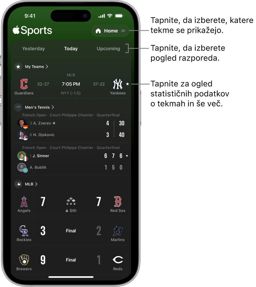 Podrobnosti o rezultatih v aplikaciji Apple Sports