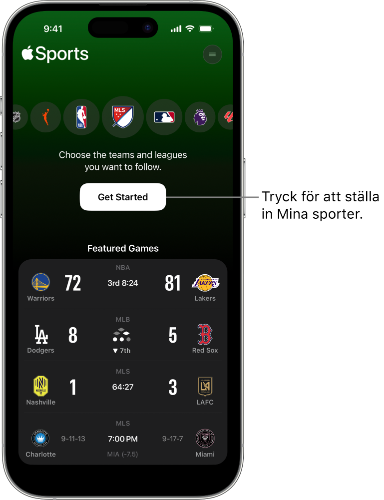 Kom igång-skärmen i Apple Sports-appen