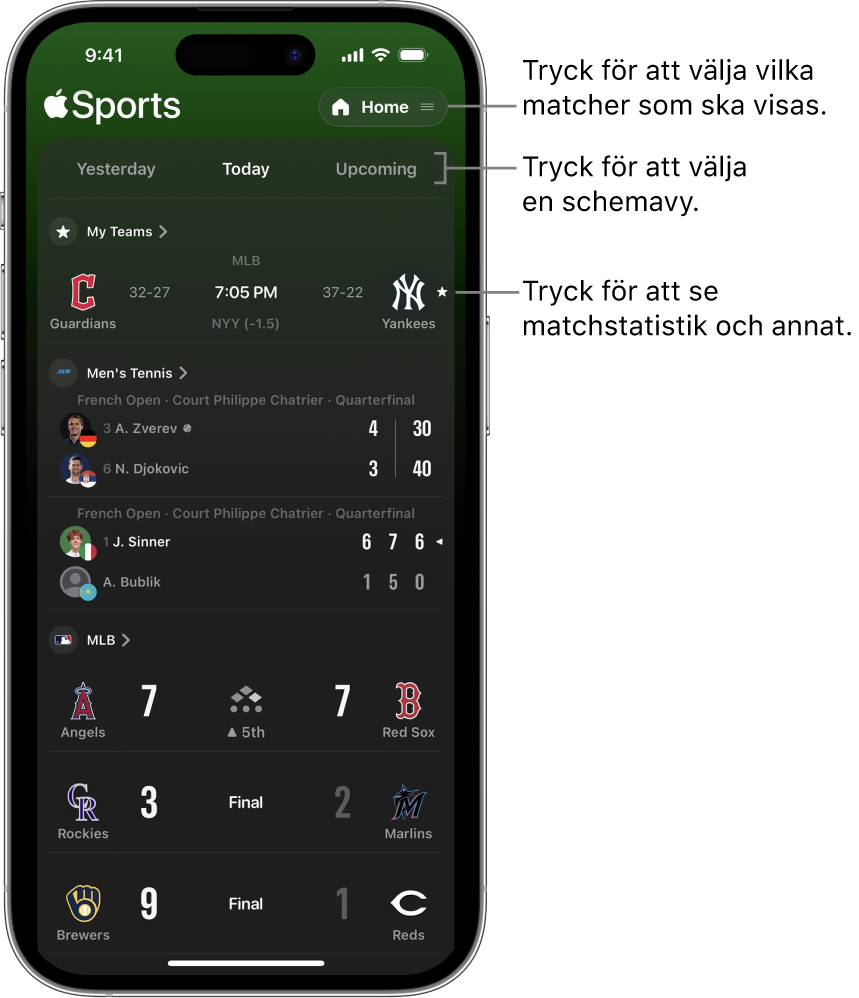 Resultatinformation i appen Apple Sports