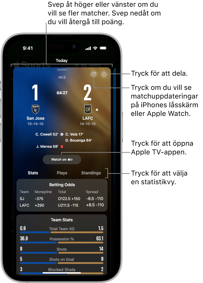 Matchkortsinformation i Apple Sports-appen
