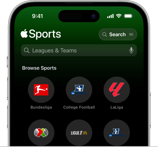 Екран пошуку в програмі «Спорт» від Apple