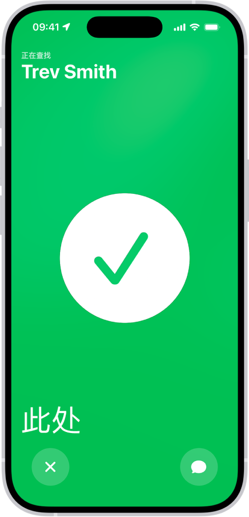 iPhone 屏幕为绿色，中间显示一个大勾号。正被定位的联系人姓名位于左上角，“此处”字样位于左下角，表示成功相聚。