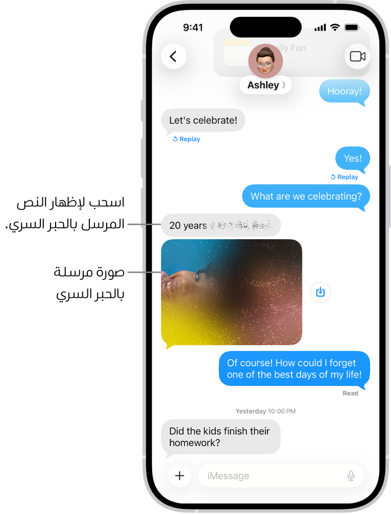 محادثة في الرسائل تظهر بها رسالة نصية وصورة مرسلة بتأثير حبر سري.