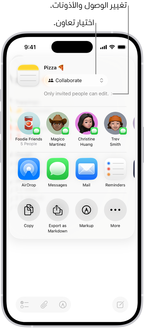 دعوة تعاون لوصفة في الملاحظات، تعرض التعاون لخيار المشاركة والخيار "الأشخاص الذين تدعوهم فقط هم الذين يمكنهم التعديل" كإعداد للوصول والأذونات. يوجد أربعة مستلمين محتملين، بما في ذلك مجموعة، يشكلون صفًا أسفل ذلك. يوفر الصف التالي طرقًا مختلفة لمشاركة الملاحظة: AirDrop والرسائل والبريد والتذكيرات.
