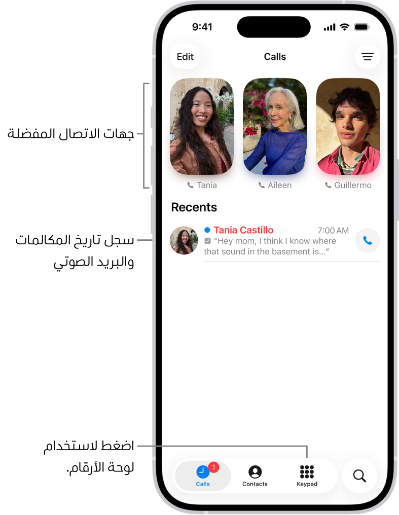 علامة تبويب المكالمات في تطبيق الهاتف بتخطيط "موحَّد". تظهر جهات الاتصال المفضلة في الجزء العلوي. أسفل المفضلة تظهر قائمة المكالمات الحديثة والبريد الصوتي. أزرار لعرض علامات التبويب المكالمات وجهات الاتصال ولوحة المفاتيح تظهر في الجزء السفلي. زر بحث يظهر في الزاوية السفلية اليسرى.