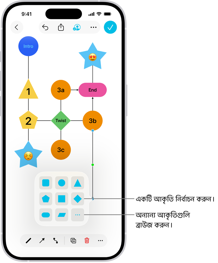 Freeform বোর্ডের চিত্রে একটি নতুন আকৃতি যোগ করা হচ্ছে।