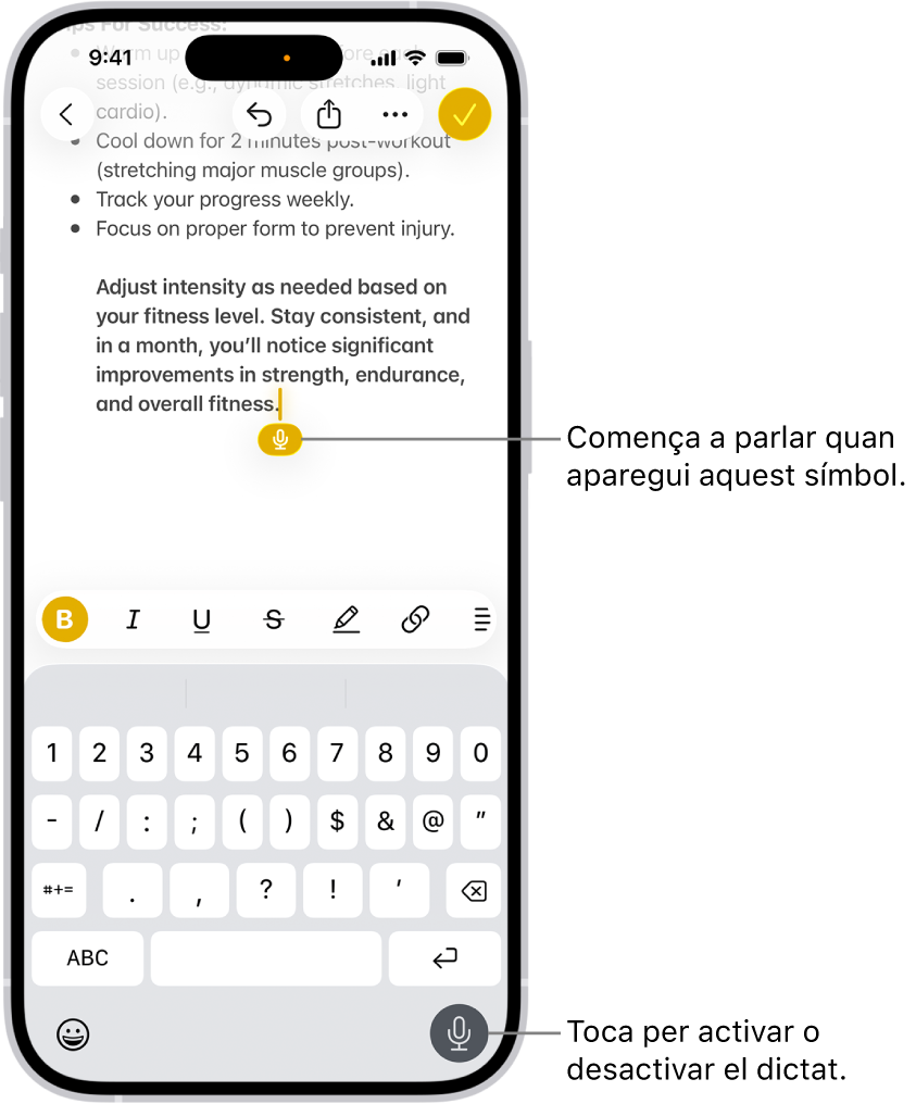 Al Mail hi ha el teclat obert. A l’angle inferior dret de la pantalla hi ha el botó de dictat seleccionat, i el botó de dictat es mostra a sota del punt d’inserció del camp de text.