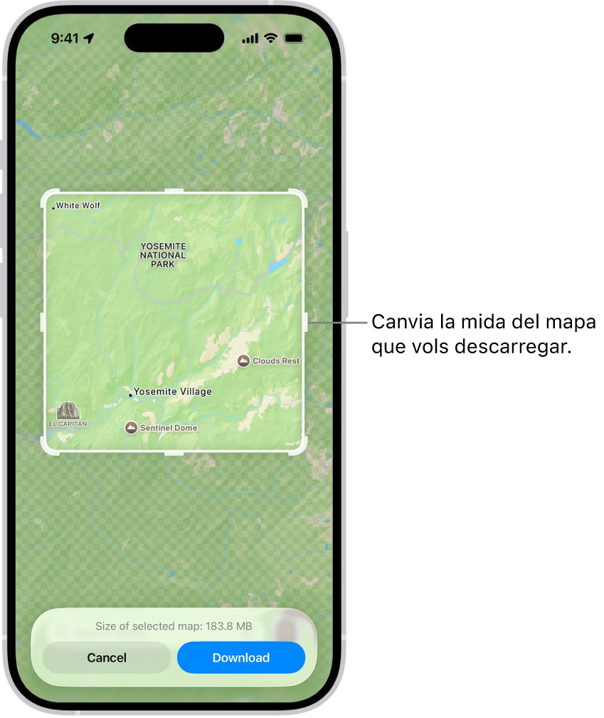 Un mapa d’un parc nacional. El parc està envoltat d’un rectangle amb marcadors, que es poden moure per canviar la mida del mapa per descarregar-lo. La mida de descàrrega del mapa seleccionada s’indica a prop de la part inferior del mapa. Els botons “Cancel·la” i “Descarrega” es troben a la part inferior de la pantalla.