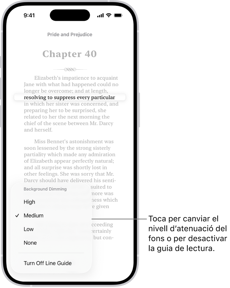 Pàgina d’un llibre a l’app Llibres. Es ressalta una sola línia de text i la resta s’atenua. A la part inferior esquerra de la pantalla hi ha el botó “Menú de la guia de lectura”.