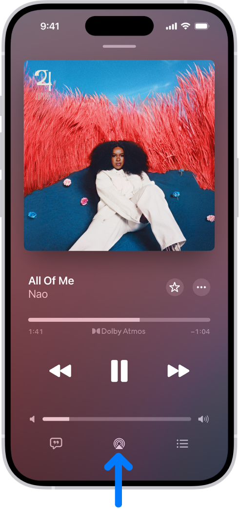 Controls de reproducció de l’app Música, inclòs el botó “Destinació de reproducció” de la part inferior de la pantalla.