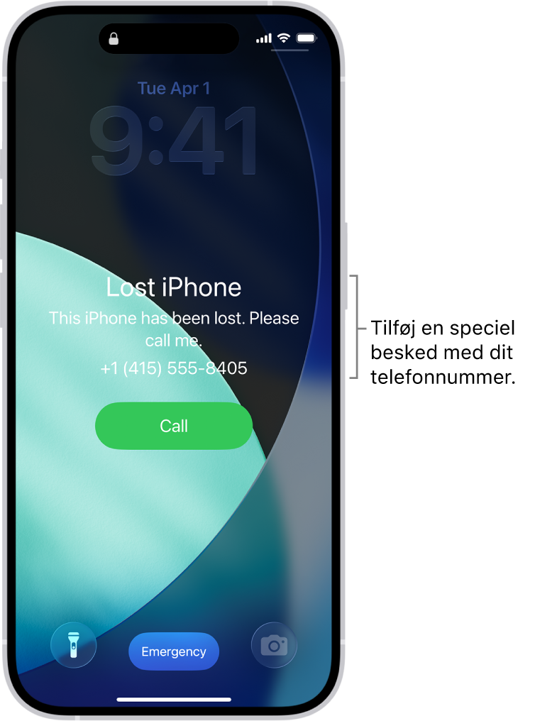 Låseskærmen på en iPhone med en besked om mistet iPhone. Du kan tilføje din egen besked med dit telefonnummer.