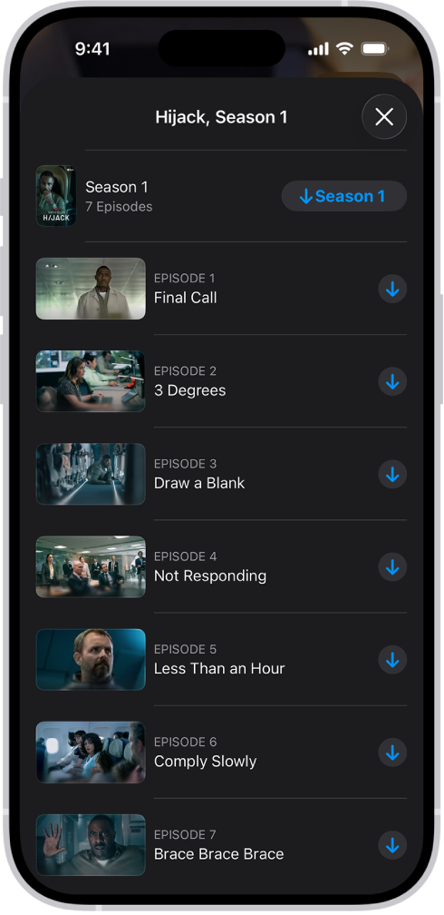 Fanen Apple TV, som viser en liste over episoder i en Apple Original. Knapper til at hente hele sæsonen og hver episode vises til højre på skærmen.