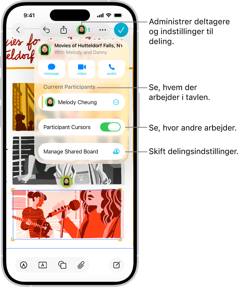 En delt Freeform-tavle på iPhone, hvor menuen til samarbejde er åben.