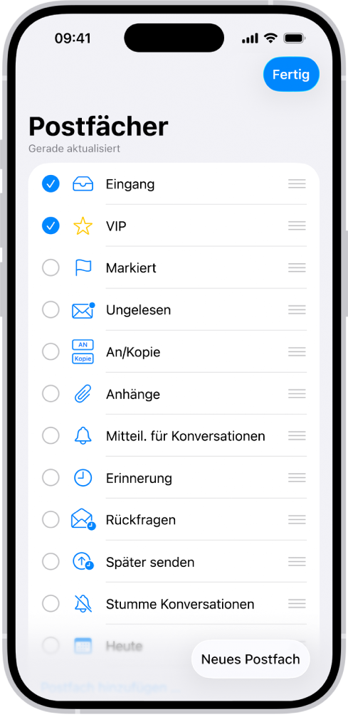 Der Bearbeitungsbildschirm „Postfächer“. Von oben nach unten sind optionale Postfächer mit Markierungsfeldern links neben jeder Option aufgelistet. Unten rechts auf dem Bildschirm befindet sich die Taste „Neues Postfach“.