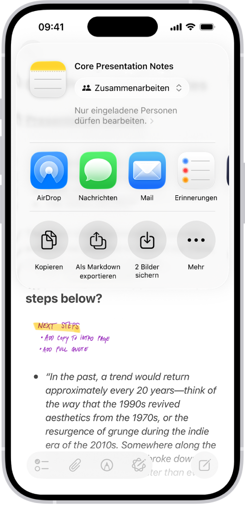 Eine Notiz mit einer Überlagerung zeigt Optionen für das Teilen.