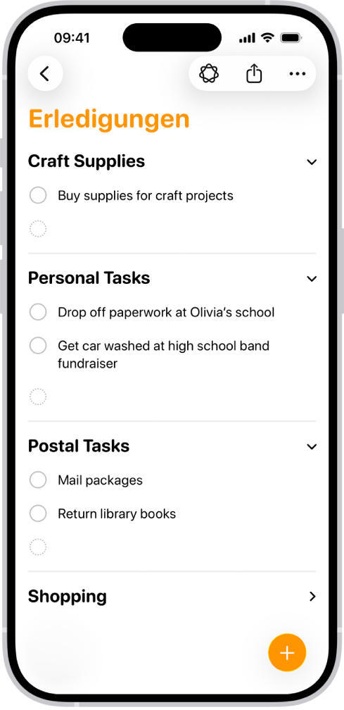 Eine Liste in der App „Erinnerungen“ zeigt Erinnerungen, die automatisch in Bereiche sortiert wurden.