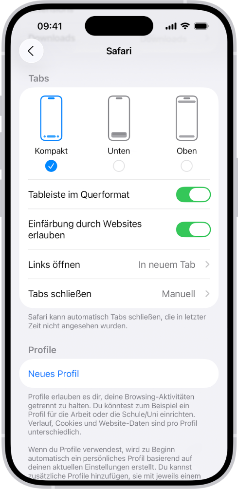 Ein Bildschirm zeigt drei Layoutoptionen für Safari: „Kompakt“, „Unten“ oder „Oben“.