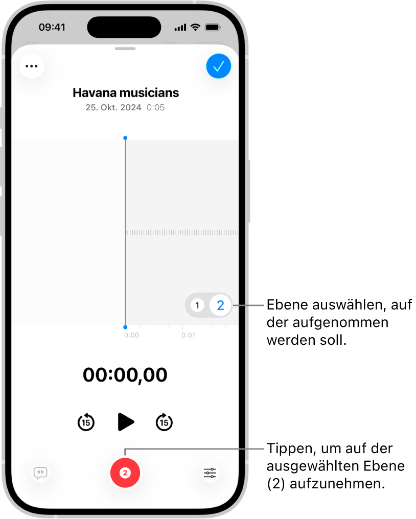 Der Bildschirm für die Aufnahme einer zweiten Ebene in „Sprachmemos“.