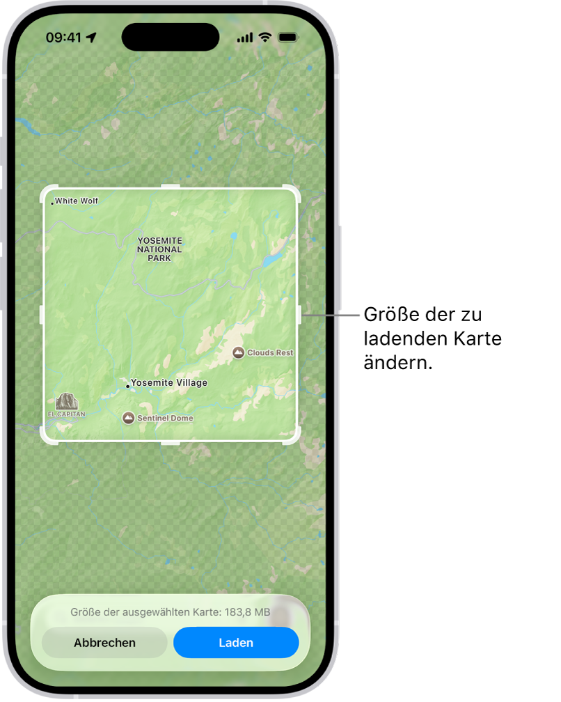 Eine Karte eines Nationalparks. Um den Park herum befindet sich ein Rahmen mit Aktivpunkten, die bewegt werden können, um die Größe der zu ladenden Karte zu ändern. Die ausgewählte Ladegröße für die Karte wird unten am Kartenrand angegeben. Die Tasten „Abbrechen“ und „Laden“ befinden sich unten auf dem Bildschirm.