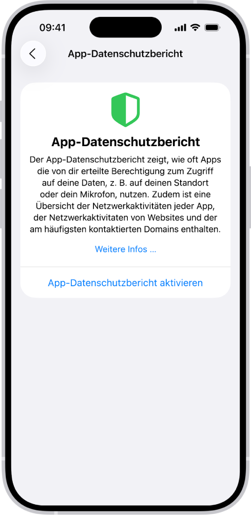Ein App-Datenschutzbericht mit Informationen zur Kategorie „Daten- & Sensorzugriff“ für Apps sowie Informationen zur Kategorie „App-Netzwerkaktivität“ für Apps.
