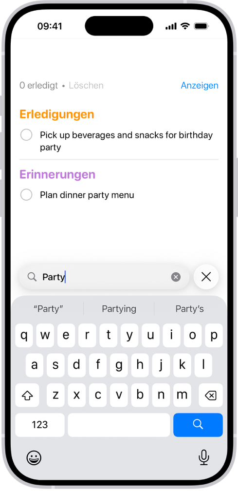 Suchergebnisse in der App „Erinnerungen“ zeigen Aufgaben, die das Wort „Party“ enthalten.