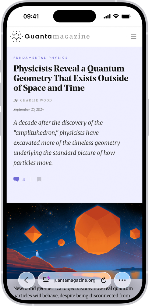 Die App „Safari“ zeigt eine Zusammenfassung der Highlights für einen Physik-Artikel.