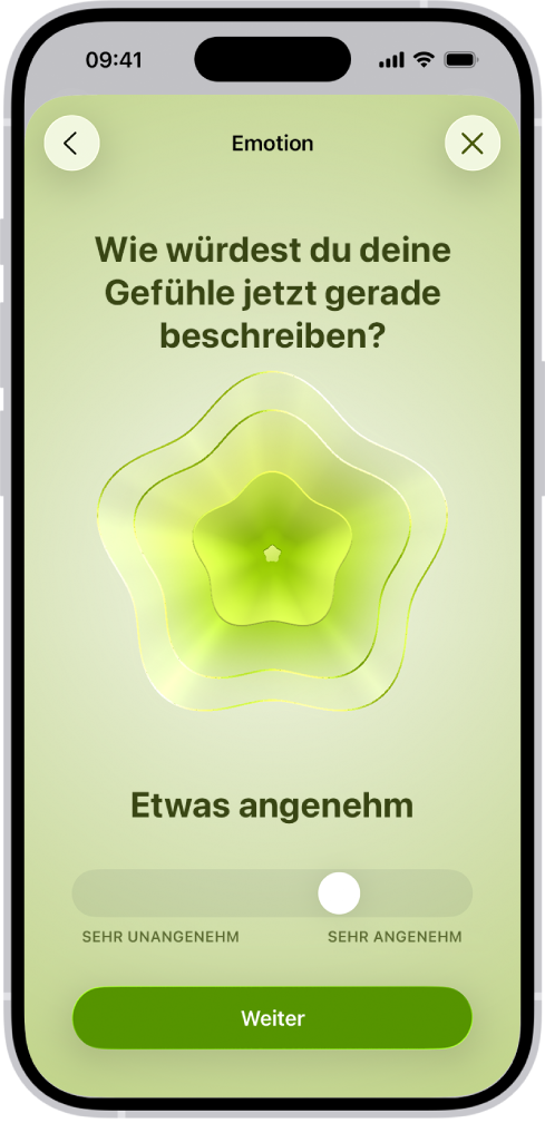 Ein Bildschirm mit der Stimmungsangabe „Ganz gut“ in der App „Health“. Unten auf dem Bildschirm befindet sich ein Regler zum Anpassen der Stimmungsintensität.