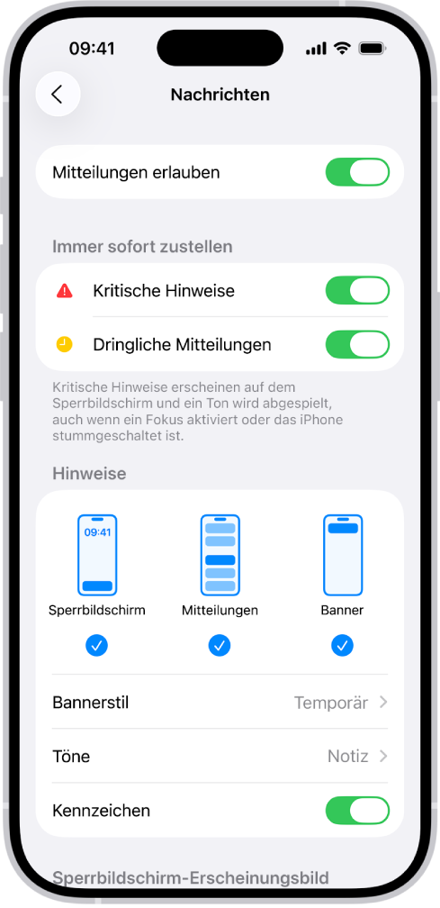 Einstellungen für „Nachrichtenmitteilungen“ in „Einstellungen“.