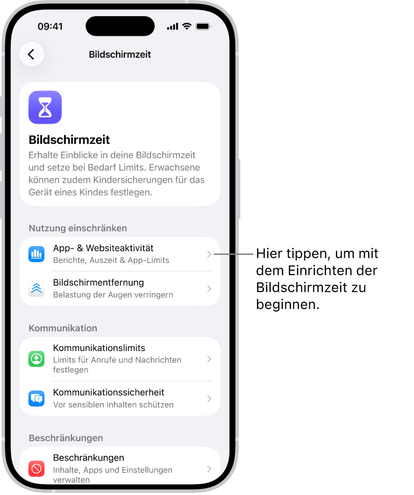 Der Bildschirm für die Einrichtung von „Bildschirmzeit“ zeigt, dass auf „App- & Websiteaktivität“ getippt werden muss, um loszulegen.