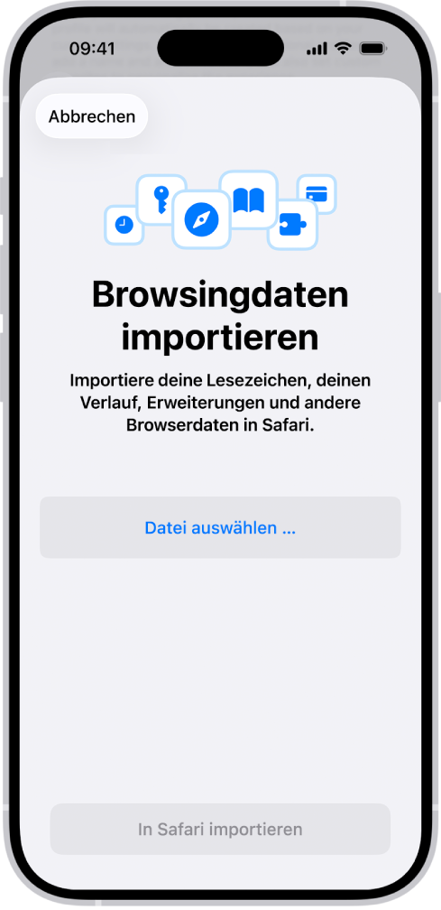 Der Bildschirm „Browsingdaten importieren“ fordert dich dazu auf, eine Datei für den Import auszuwählen.