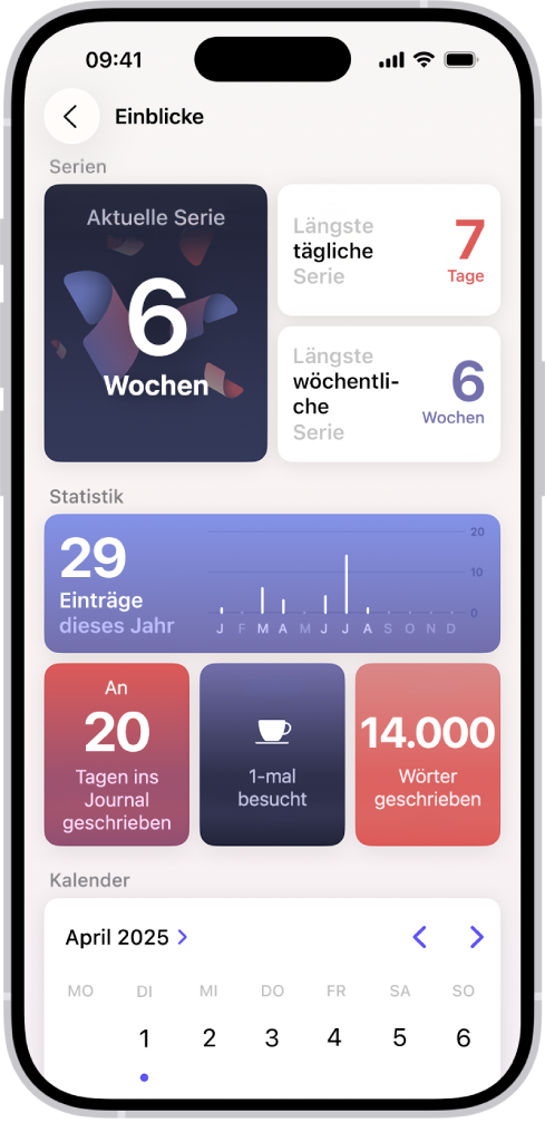 Ein Bildschirm in der App „Journal“ zeigt die aktuelle Serie und Messwerte, wie die Anzahl der geschriebenen Wörter.