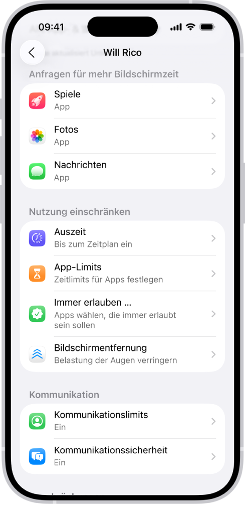 Der Bildschirm für ein Kind in einer Familienfreigabegruppe zeigt einen Bereich für „Anfragen für mehr Bildschirmzeit“.