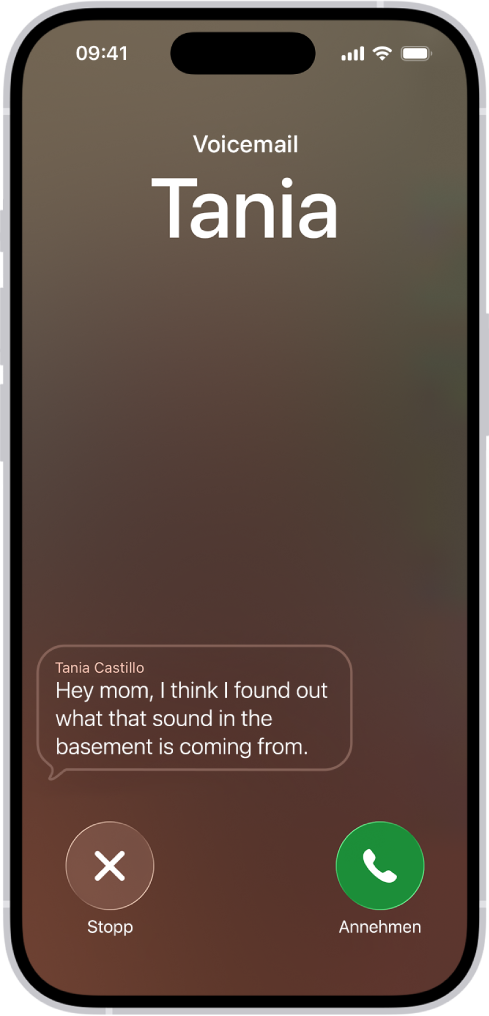 Ein Anrufbildschirm zeigt eine Live-Voicemail von einem Kontakt. Unter dem transkribierten Text befinden sich die Tasten für „Beenden“ und „Annehmen“ für den Anruf.