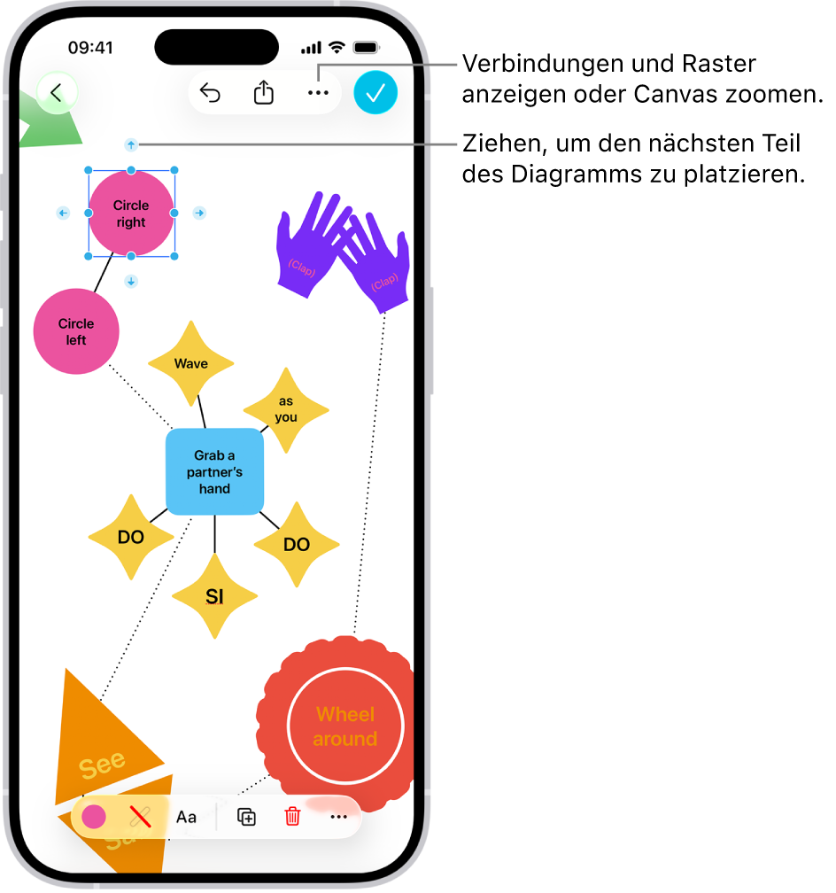 Ein Diagramm auf einem Freeform-Board mit Verbindungselementen auf einer ausgewählten Form und den Formatierungswerkzeugen für Formen unten auf dem Bildschirm.