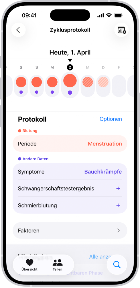 Der Bildschirm „Zyklusprotokoll“ mit der Zeitleiste für eine Woche im oberen Bereich. Die ersten 5 Tage der Zeitleiste sind mit ausgefüllten roten Kreisen und violetten Punkten markiert. Unter der Zeitleiste befinden sich Optionen zum Hinzufügen von Informationen über Perioden, Symptome und mehr.