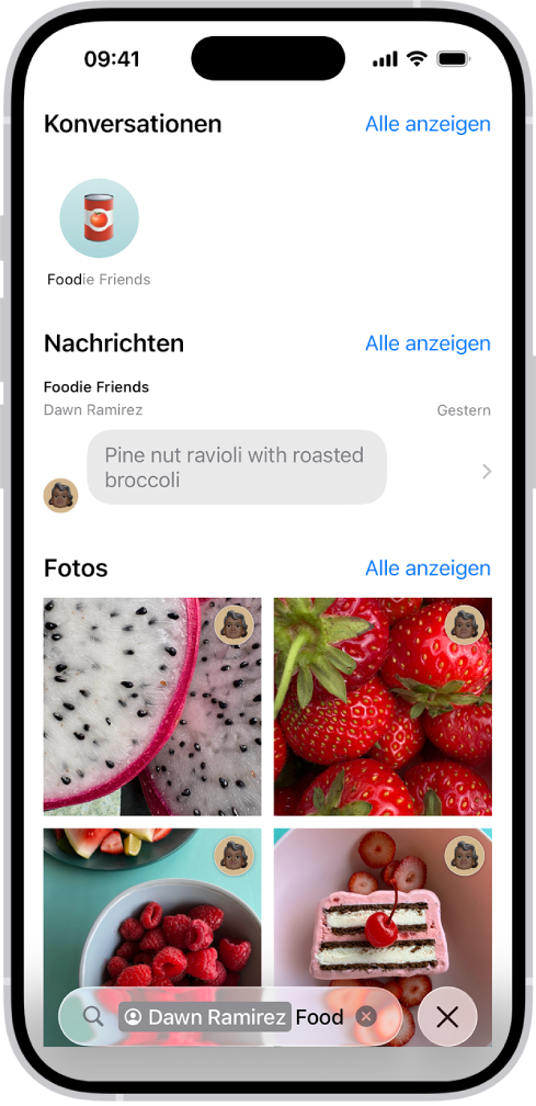 Suchergebnisse in der App „Nachrichten“. Das Suchfeld enthält ein Tag, das die Suche auf Nachrichten von einer bestimmten Person eingrenzt.