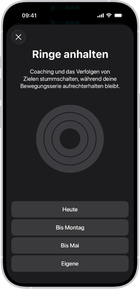 Der Bildschirm „Ringe anhalten“ in der App „Fitness“ mit Optionen zum Anhalten der Aktivitätsringe.