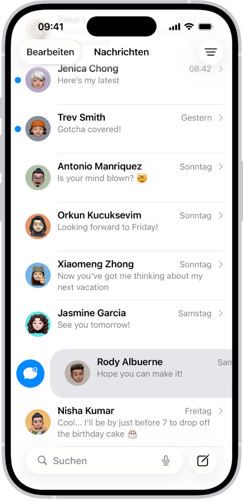 Eine Liste mit Konversation in der App „Nachrichten“ zeigt zwei ungelesene Nachrichten und eine als ungelesen markierte Nachricht.