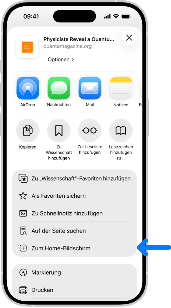 In Safari wurde auf einer Website auf die Taste „Teilen“ getippt und eine Liste mit Optionen, einschließlich „Zu Home-Bildschirm hinzufügen“, wird angezeigt.