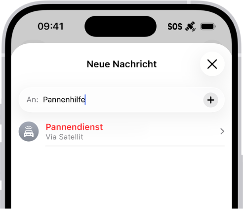 Eine neue Nachricht ist an „Pannendienst“ gerichtet. Darunter befindet sich ein Link zu „Pannendienst via Satellit“.