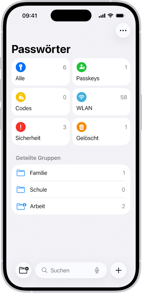 Der Home-Bildschirm für die App „Passwörter“ mit Tasten für „Alle“, „Passkeys“, „Bestätigungscodes“, „WLAN“, „Sicherheit“ und „Gelöscht“ sowie eine Liste mit geteilten Gruppen.
