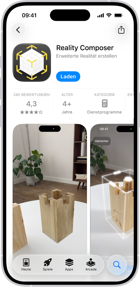 Die Informationsseite für eine App im App Store. Die Seite zeigt die Taste „Laden“, Bewertungen, Altersbeschränkungen, das Entwicklungsteam, Bildschirmfotos und mehr an. Unten befinden sich von links nach rechts die folgenden Tasten: „Heute“, „Spiele“, „Apps“, „Arcade“ und „Suchen“.
