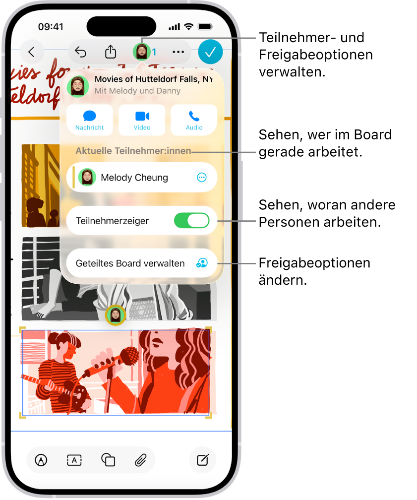 Ein geteiltes Freeform-Board auf dem iPhone mit dem geöffneten Menü zum Zusammenarbeiten.