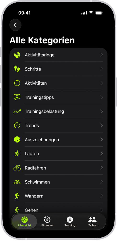 Der Bildschirm „Fitness“ mit einer Liste von Fitnesskategorien.