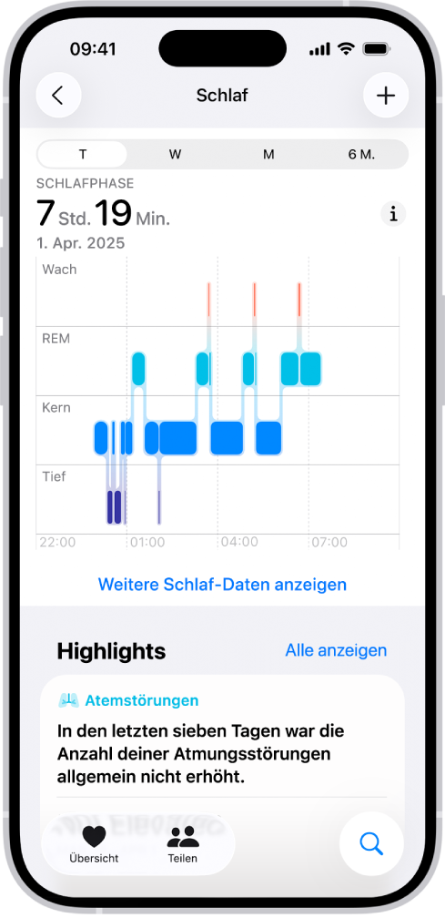 Der Bildschirm „Schlafen“ in der App „Health“ zeigt die geschätzte Zeit, in der du wach, im REM-, Kern- oder Tiefschlaf warst.