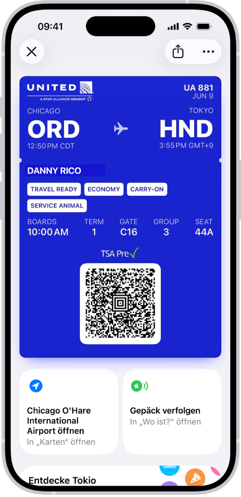 Eine Bordkarte in der App „Wallet“ mit den Angaben zum Flug und dem QR-Code unten.