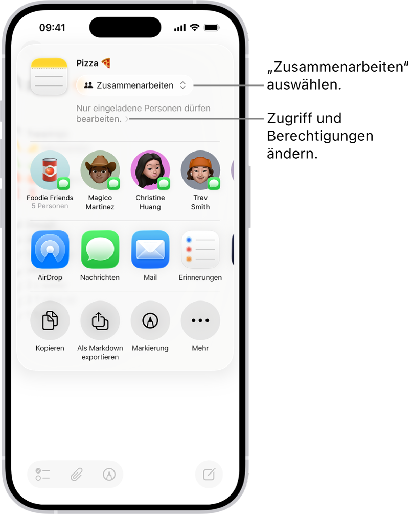 Eine Einladung zum Zusammenarbeiten an einem Rezept in der App „Notizen“, in der die Freigabeoption „Zusammenarbeiten“ und die Zugriffs- und Berechtigungseinstellung „Nur von dir eingeladene Personen dürfen bearbeiten“ angezeigt wird. Vier potenzielle Empfänger:innen, darunter eine Gruppe, werden in einer Zeile darunter angezeigt. Die nächste Zeile enthält verschiedene Möglichkeiten zum Teilen der Notiz: „AirDrop“, „Nachrichten“, „Mail“ und „Erinnerungen“.