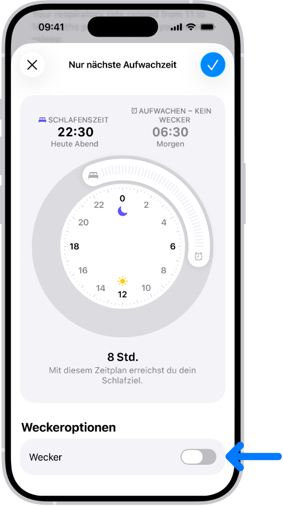 Der Bildschirm „Nur nächste Aufwachzeit“ in der App „Health mit der deaktivierten Option „Wecker“ unten.