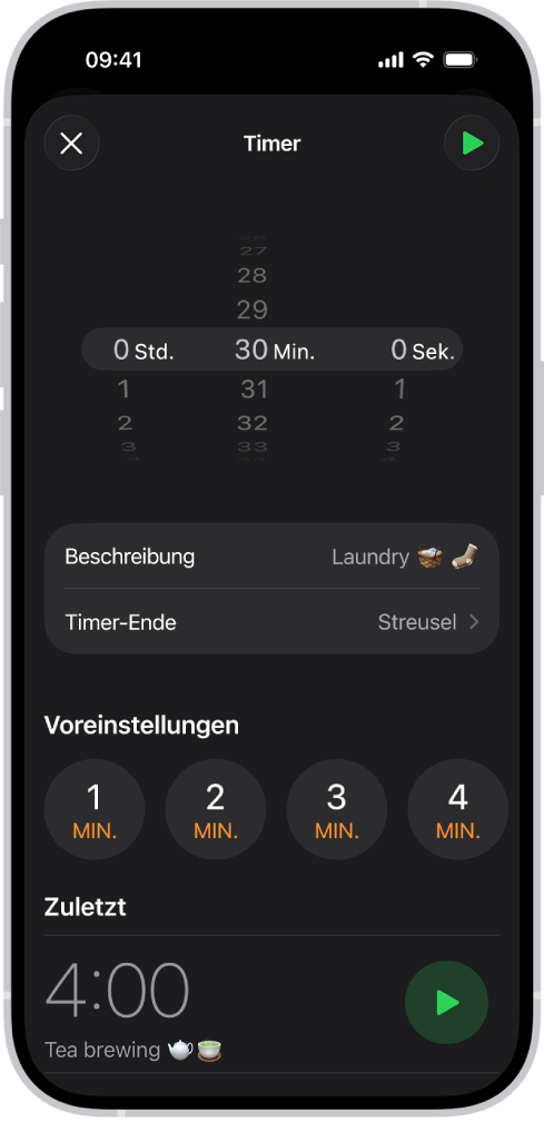 Bildschirm zum Hinzufügen eines Timers mit Einstellungen zum Festlegen der Dauer des Timers und einer Taste zum Starten eines kürzlich erstellten Timers.