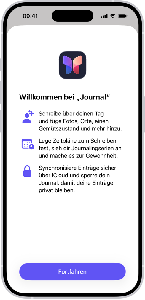 Der Willkommensbildschirm für die App „Journal“